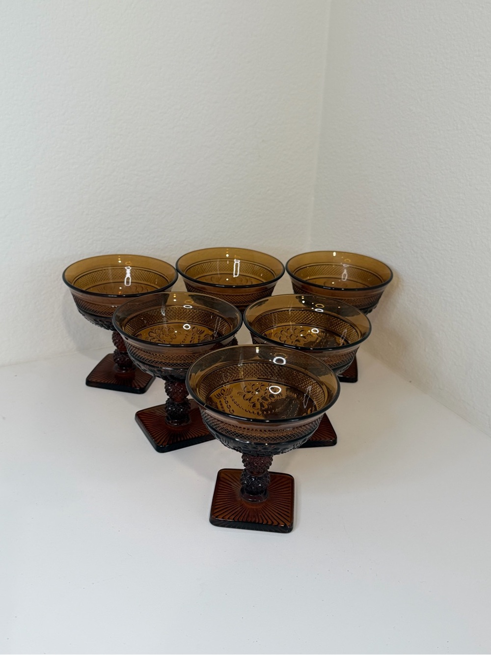 Vintage 70s Indiana Amber Glass Goblet Coupe - Set of 6